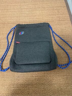Champion Dark Gray Drawstring Tote with Blue Rope and Red Trim
